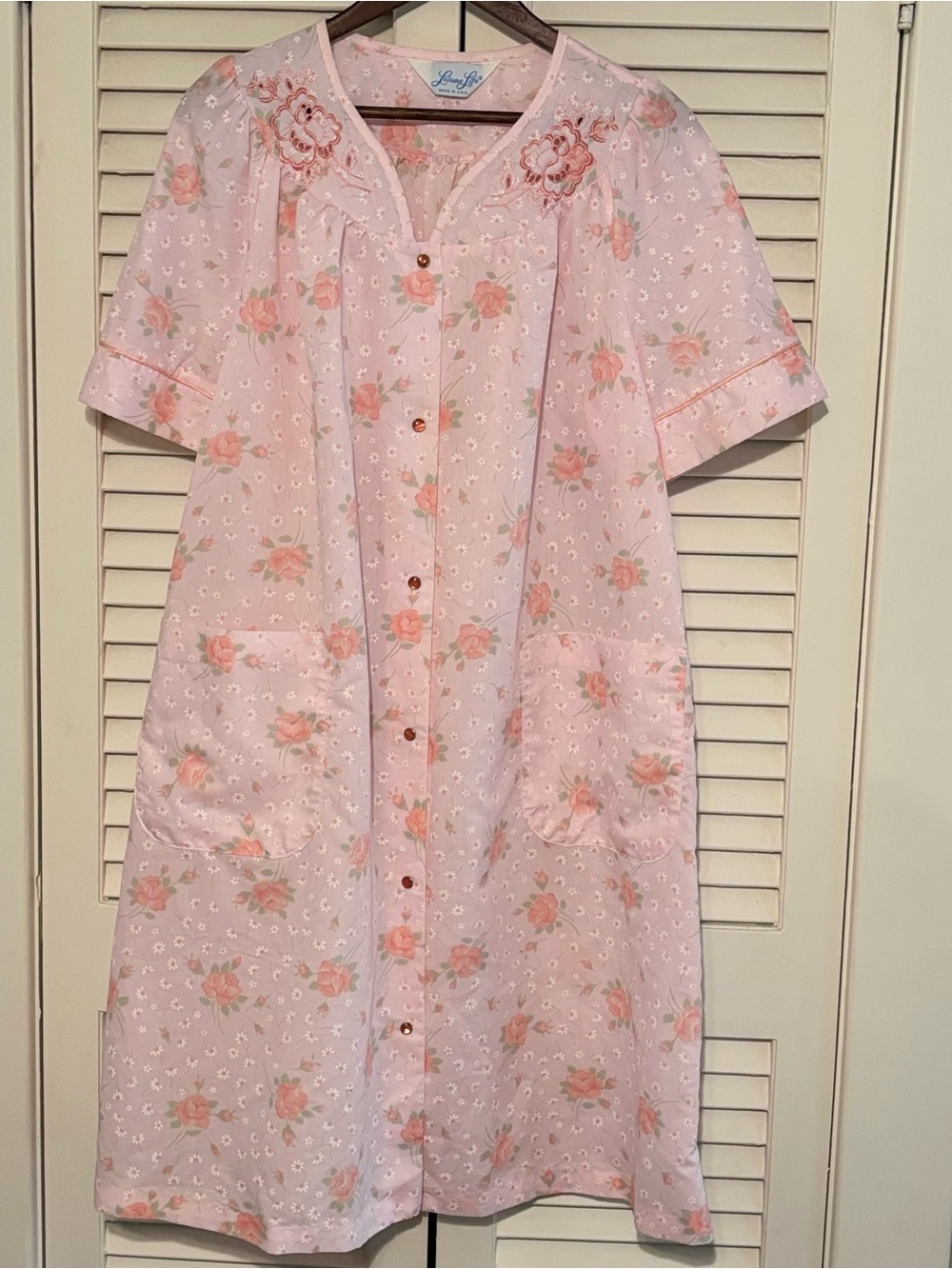 Leisure Life Pink Rose-Print Button Front Nightgown
